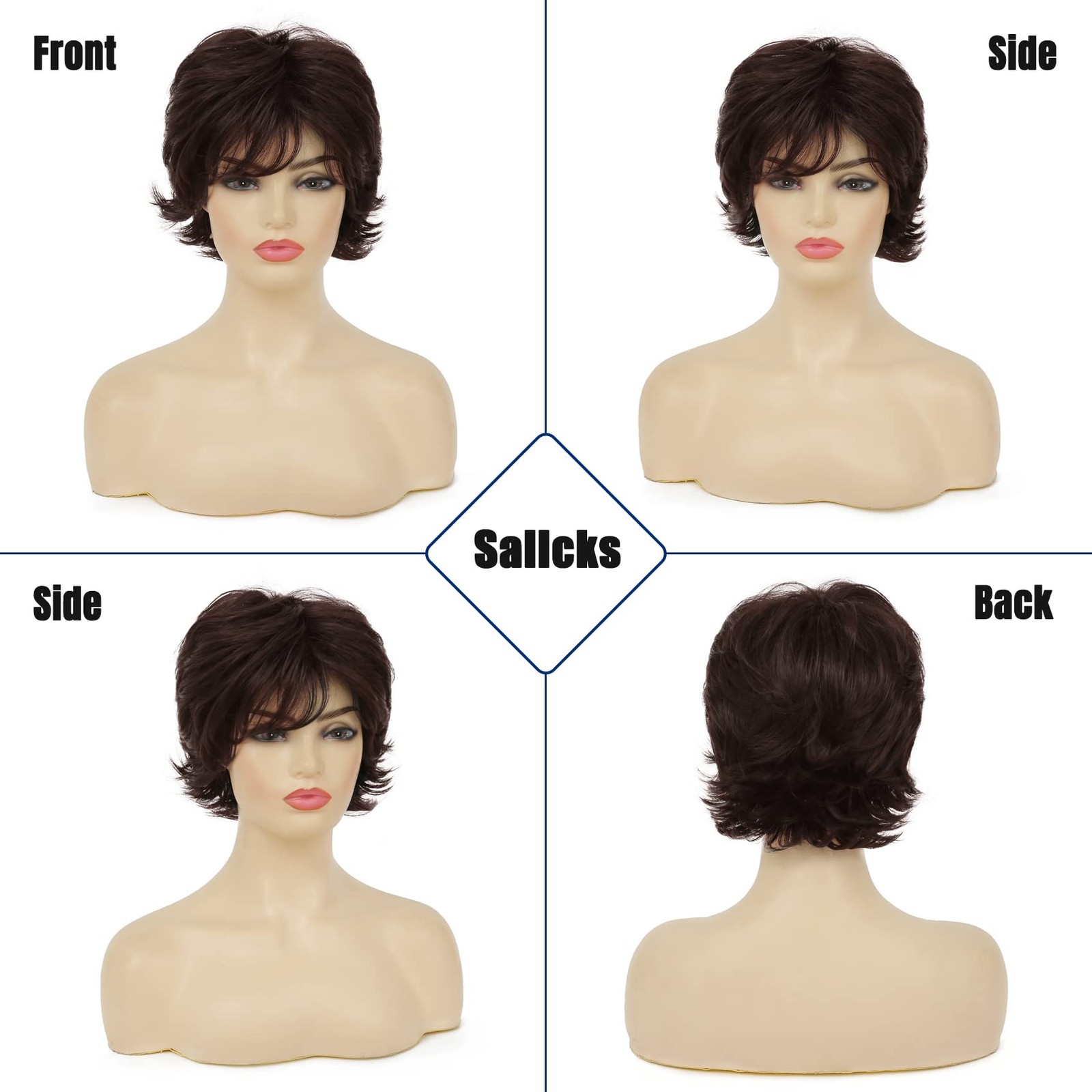 Sallcks Short Layered Wig For Women Brown Natural Fluffy Synthetic Hair