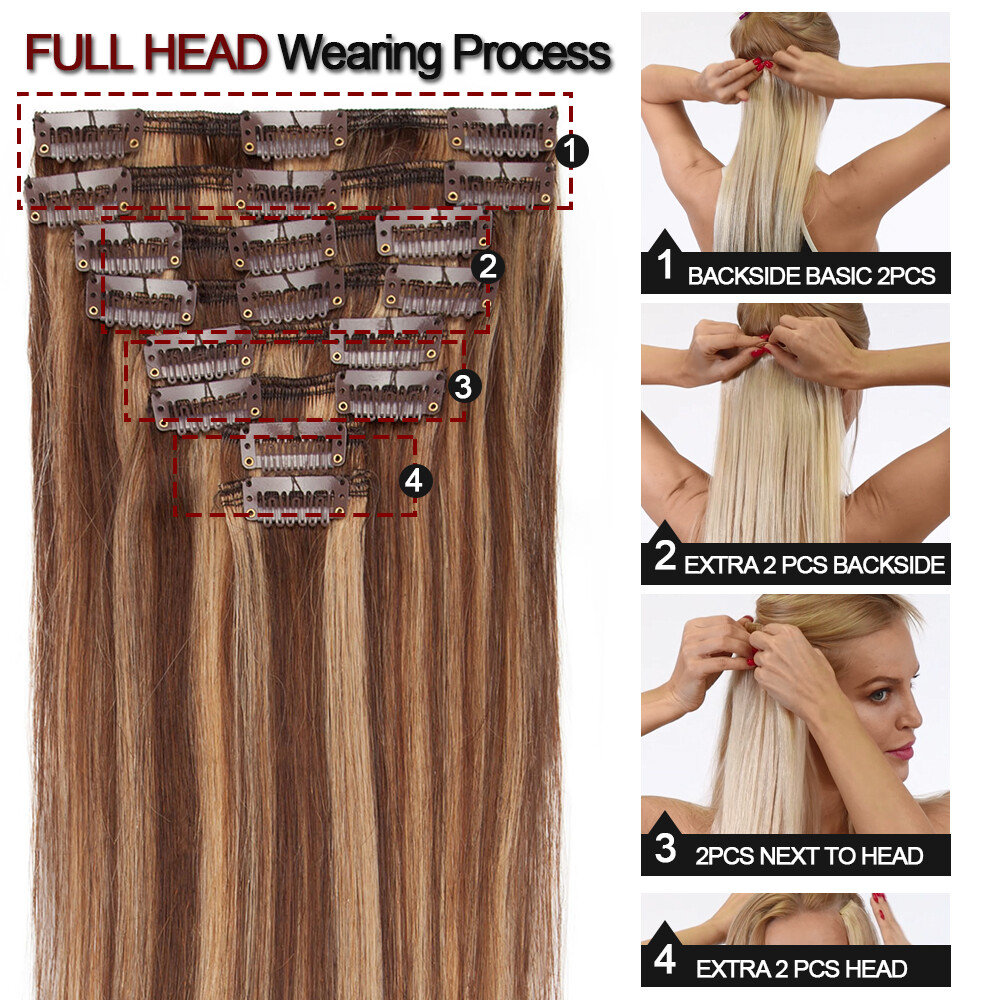 CLEARANCE Clip in 100% Real Human Hair Extensions 8 Pieces Remy Full Head 8″-24″