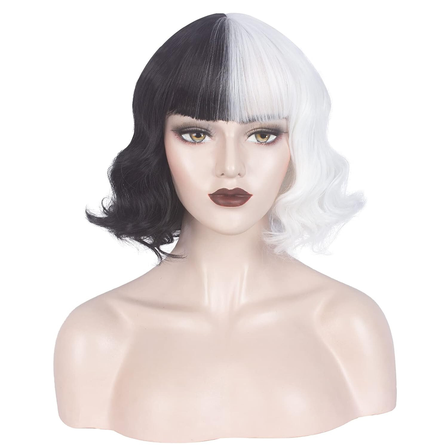 WeKen Short Half Black White Wig woman teen wavy bangs cosplay stage costume