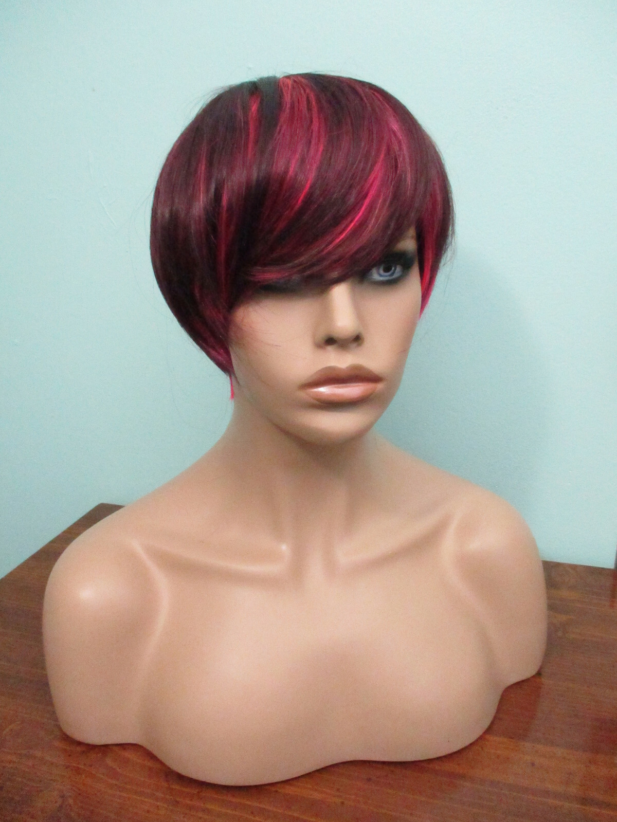 4″ hot pink and black short PIXIE cut swept bangs WIG