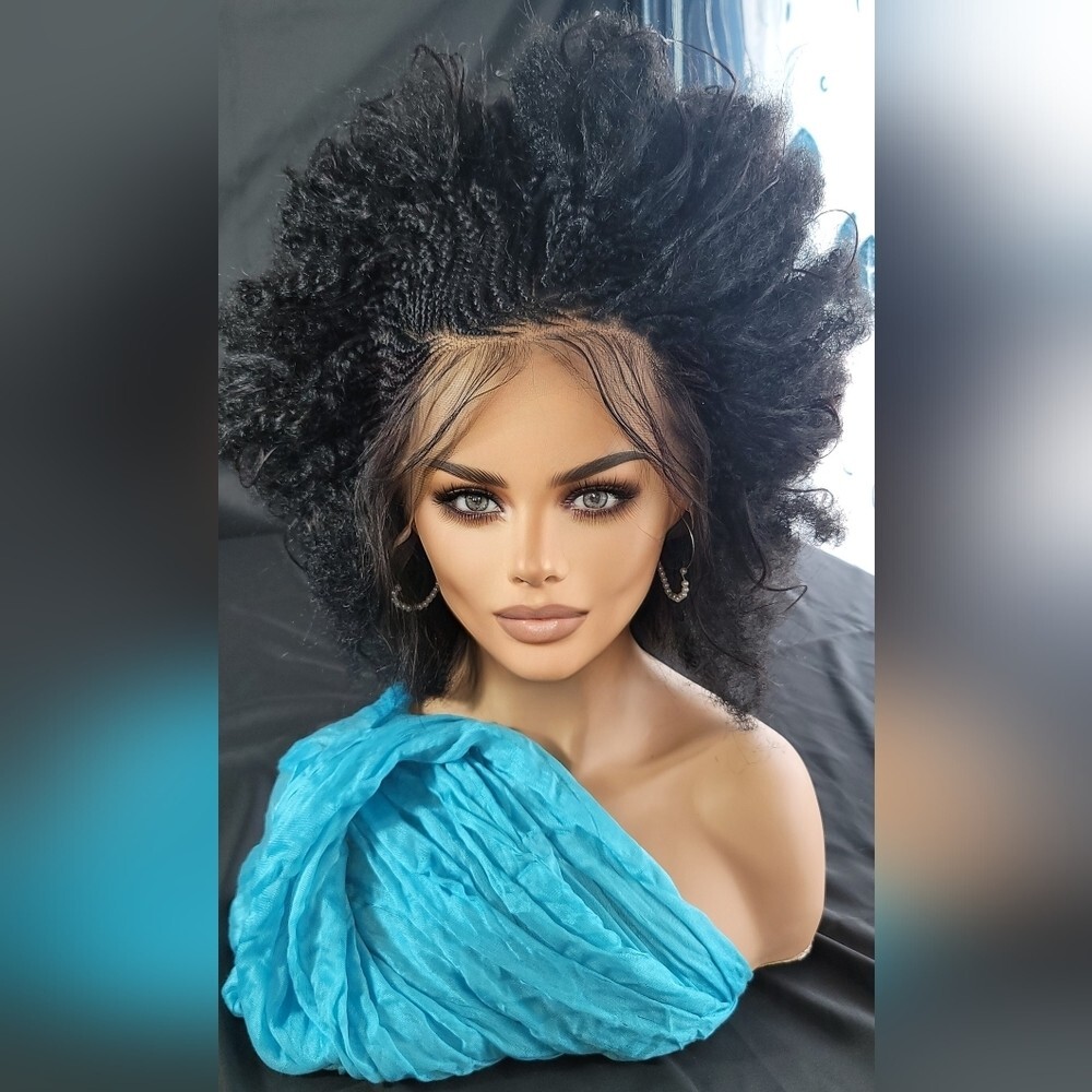 Braided Wig Short Afro Kinky Black Lace Front Glueless Baby Hair 4″ Handmade NWT
