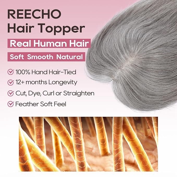 REECHO Real Human Hair Topper with Bangs Natural Black 3D Seamless Clip In 360