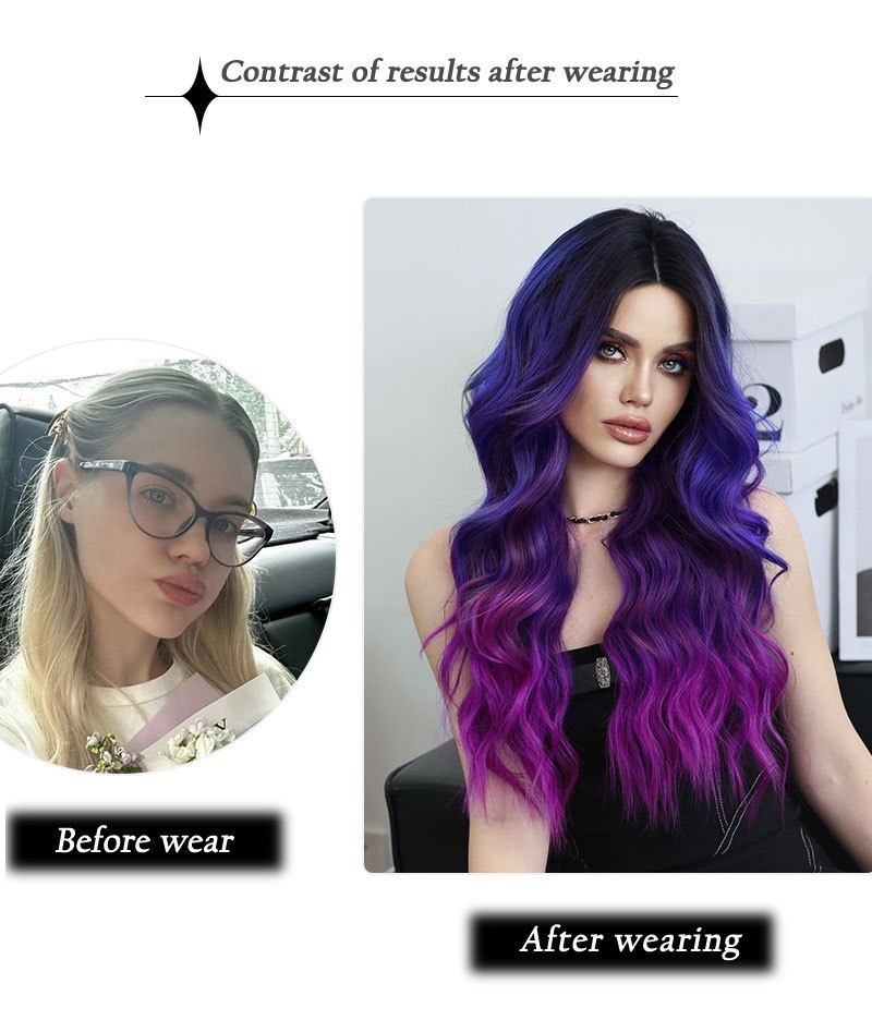 Dreamy purple-blue Lace wig with dreamy purple-blue gradient parted wavy curls
