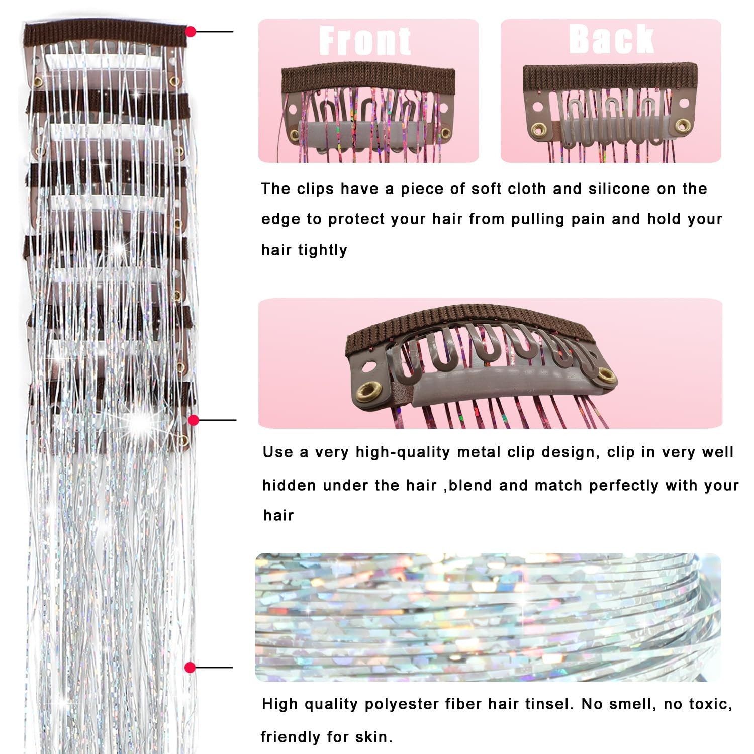 Obinying Hair Tinsel Pack of 18 Pcs Hair Tinsel Clip in 20.5 Inch Glitter Tin…