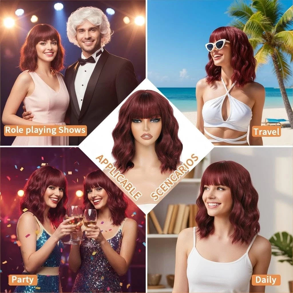 Short Red BOB Wave Wigs with Bang Shoulder Length Synthetic Hair for Women
