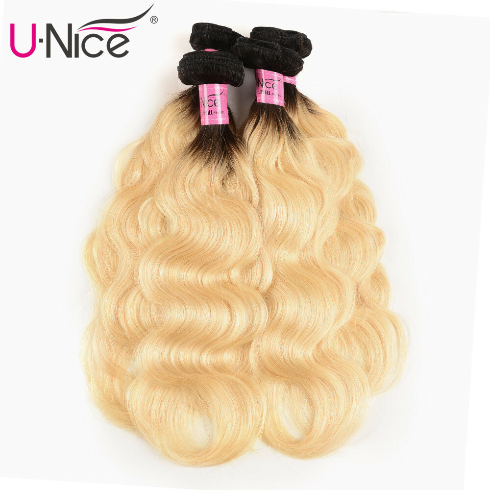 UNice Malaysian Ombre Blonde Body Wave Human Hair Weave Bundle With Lace Closure