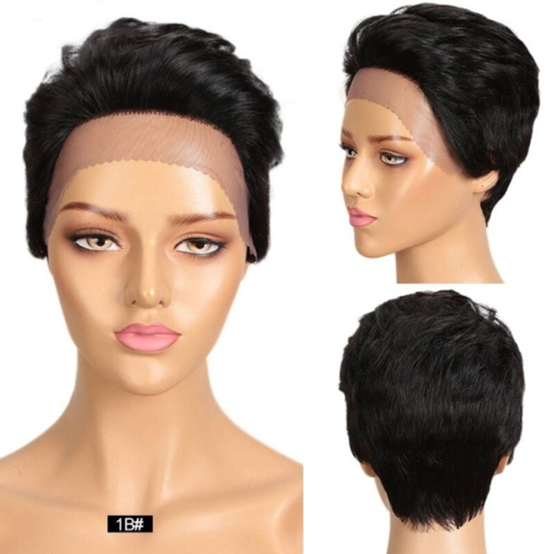 Women Pixie Cut Short Wave Real Remy Human Hair Lace Wig Full Machine Made Wigs