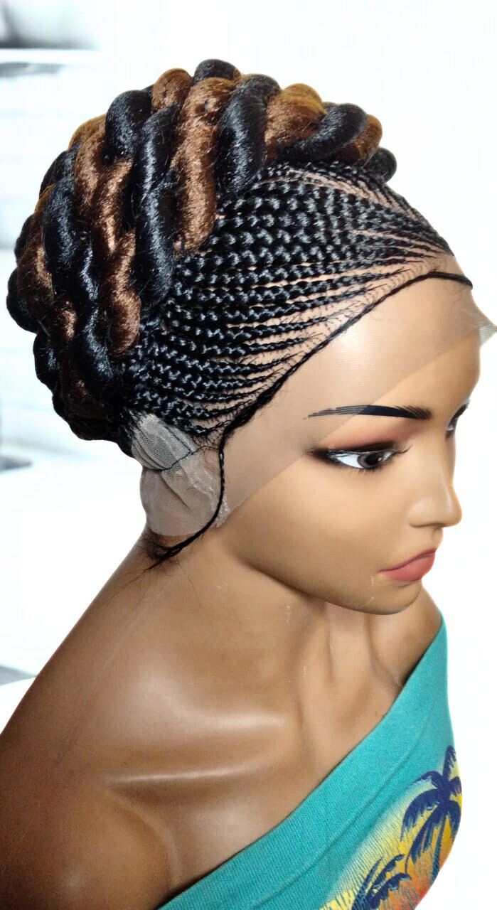 Braided Wig. Cornrow with Jumbo Twist Braids Puff Knots Full Lace with baby hair
