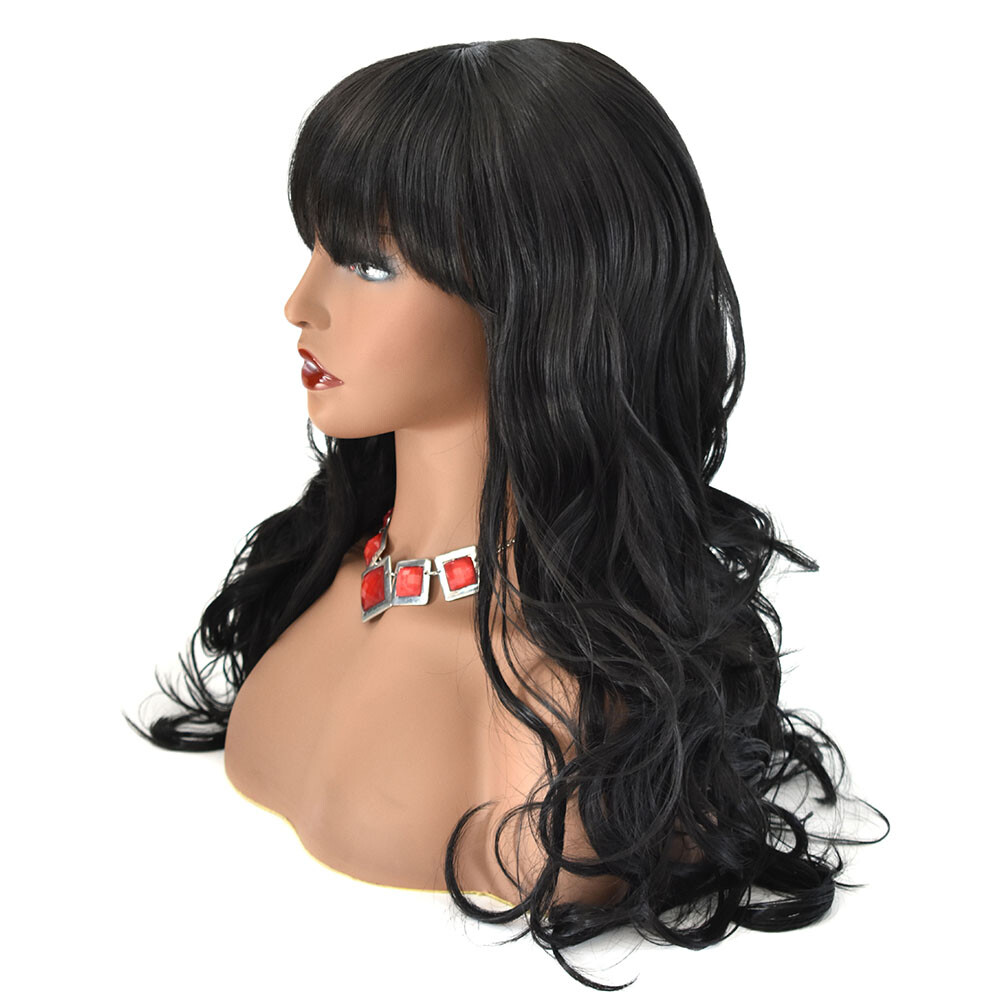 Women Synthetic Wig Long Wavy Hair with Bangs Machine Made Full Cap Glueless Wig