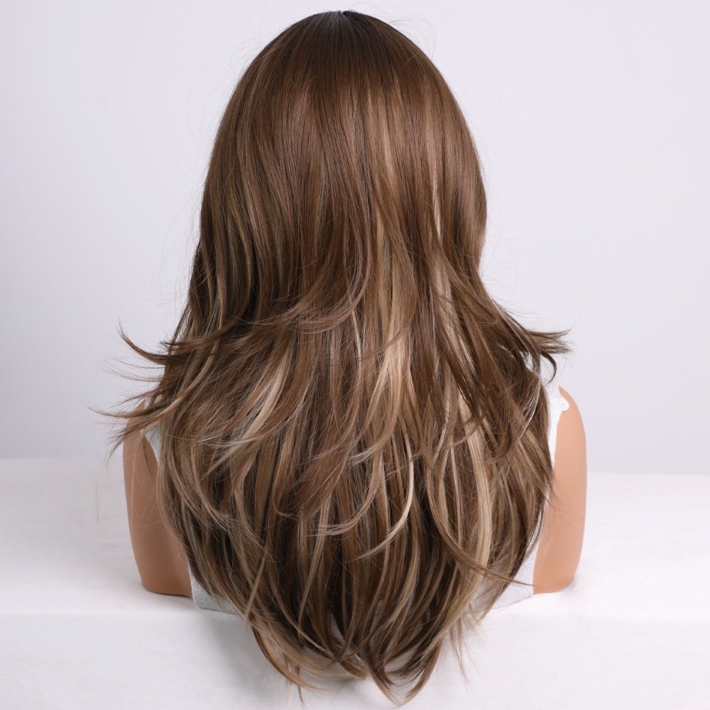 21in Brown to Blonde Ombre Wavy Layered Wig Center Part Heat Resistant Full Cap