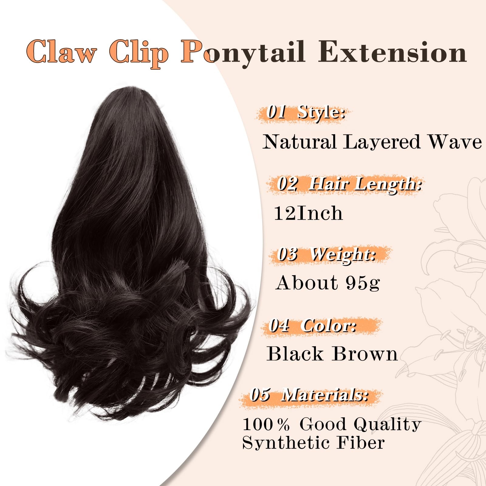 Claw Clip Ponytail Extension 12″ Black Brown 95g Short Wavy – Easy Clip In