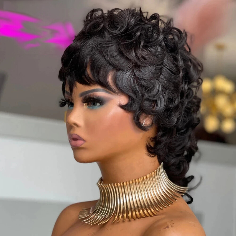 Black Short Mullet Curly Wig Wigs with Bangs Brazilian Hair None Lace Wigs