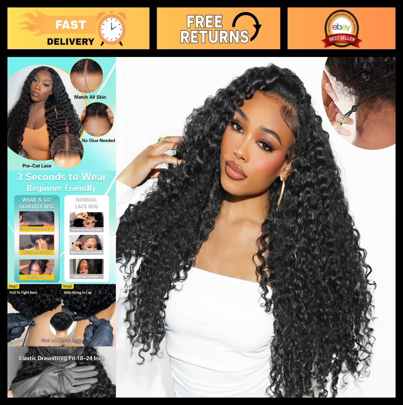 26 Inch 200% Density Deep Wave Glueless Lace Front Wig – Pre Plucked Curly Hair