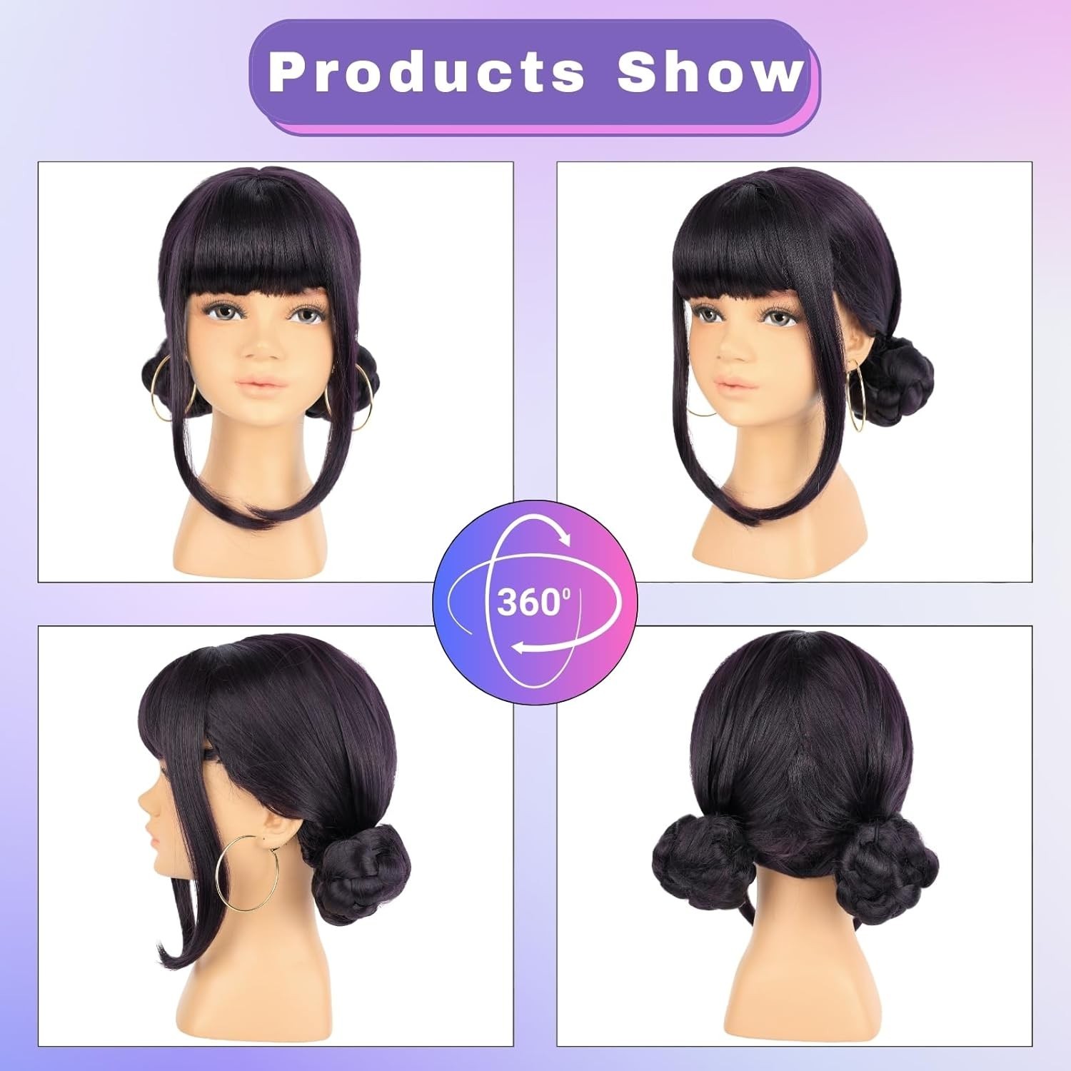 KPop Demon Hunter Zoey Wig Kid Size Purple with Bangs & 2 Buns Halloween Costume