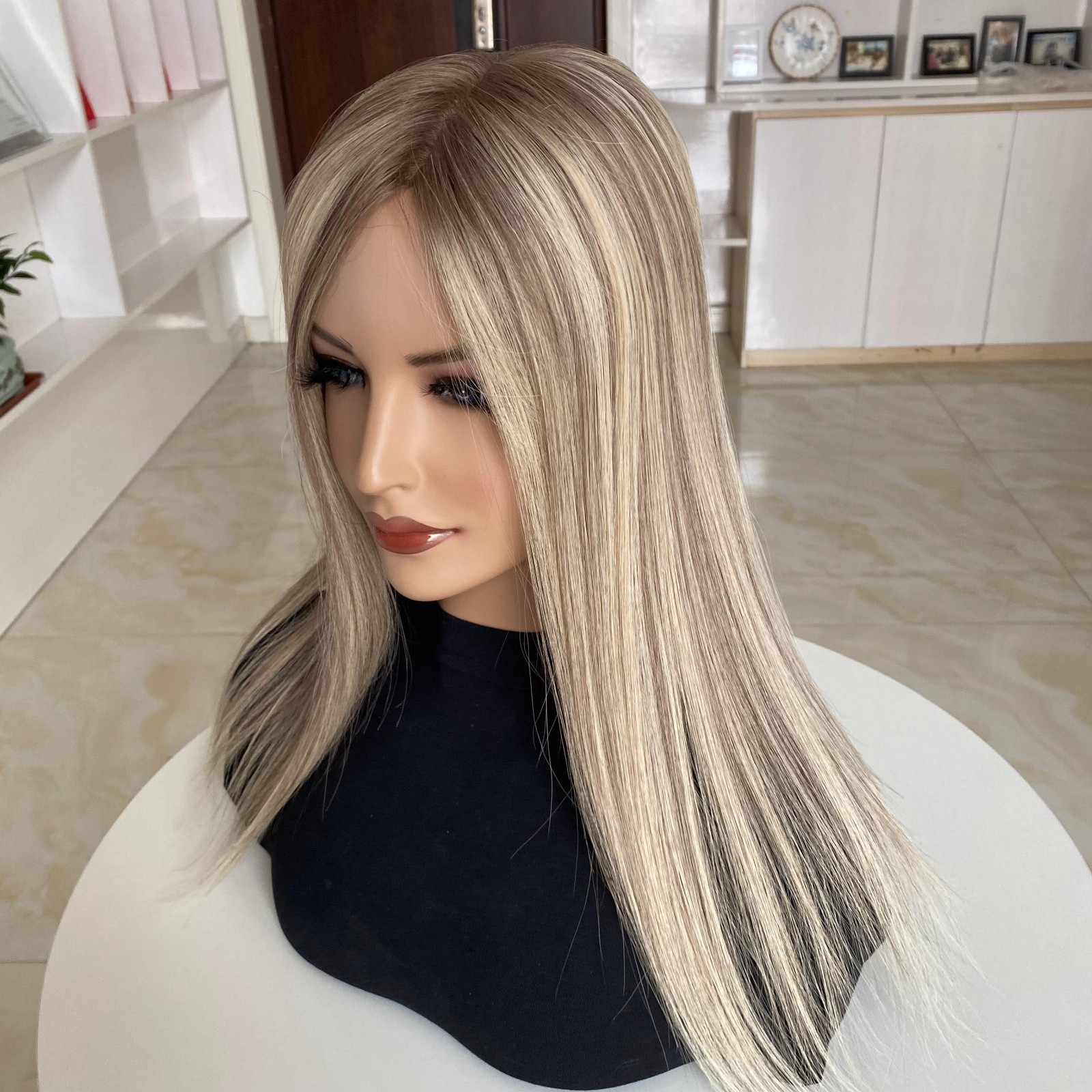 Ombre Ash Brown Blonde Highlight Topper 100% Human Hair 5×6.5″ SILK BASE Toupee