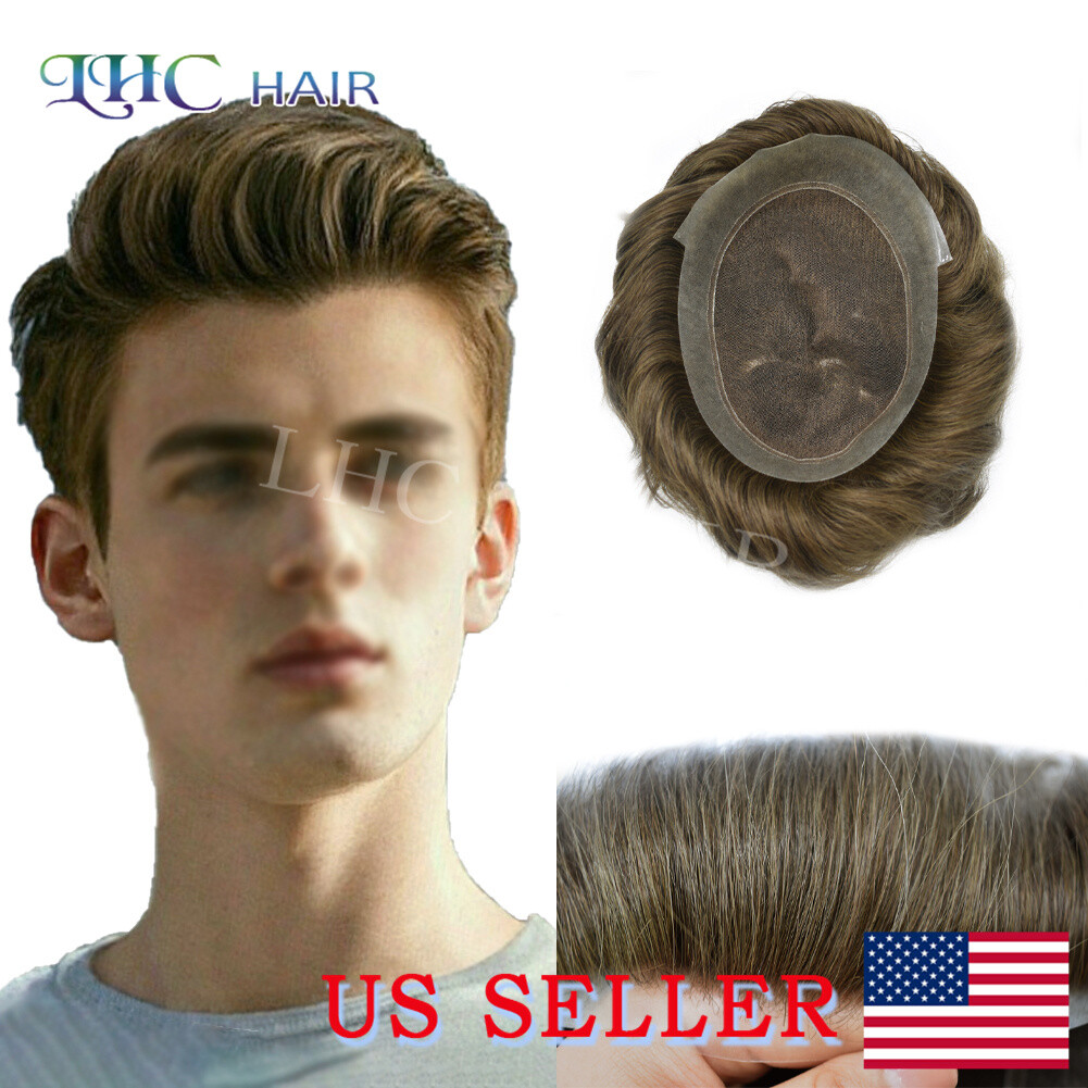 US Mens Toupee French Lace Hairpiece Poly PU Skin Around Hair Replacement System