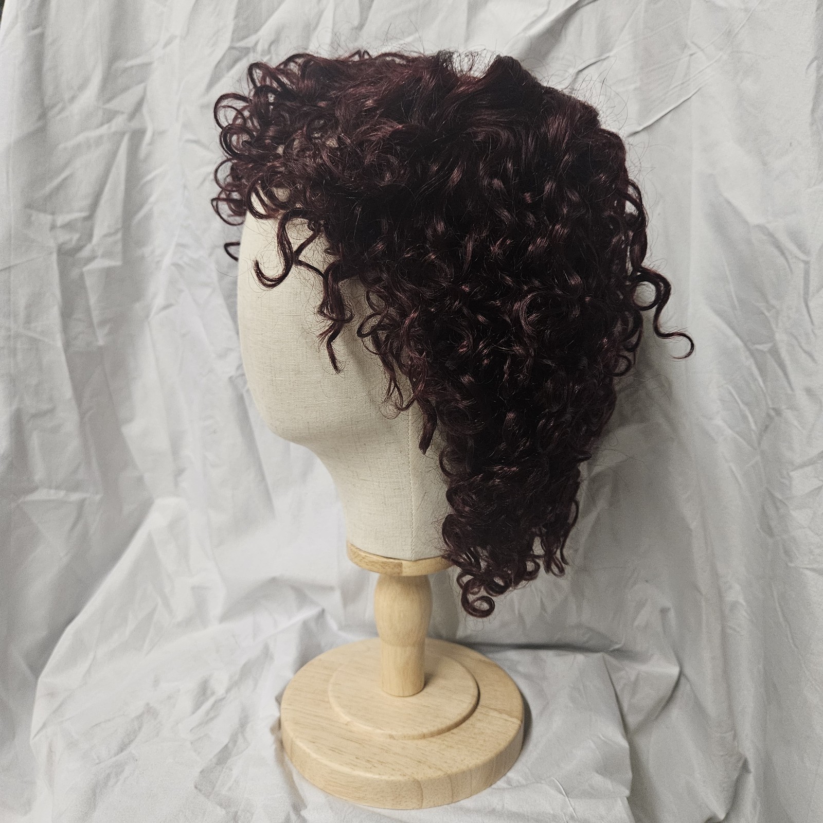 100% Human Hair, Dark Red, Water Wave, Glueless Lace Wig w/ Bangs. Color 99J