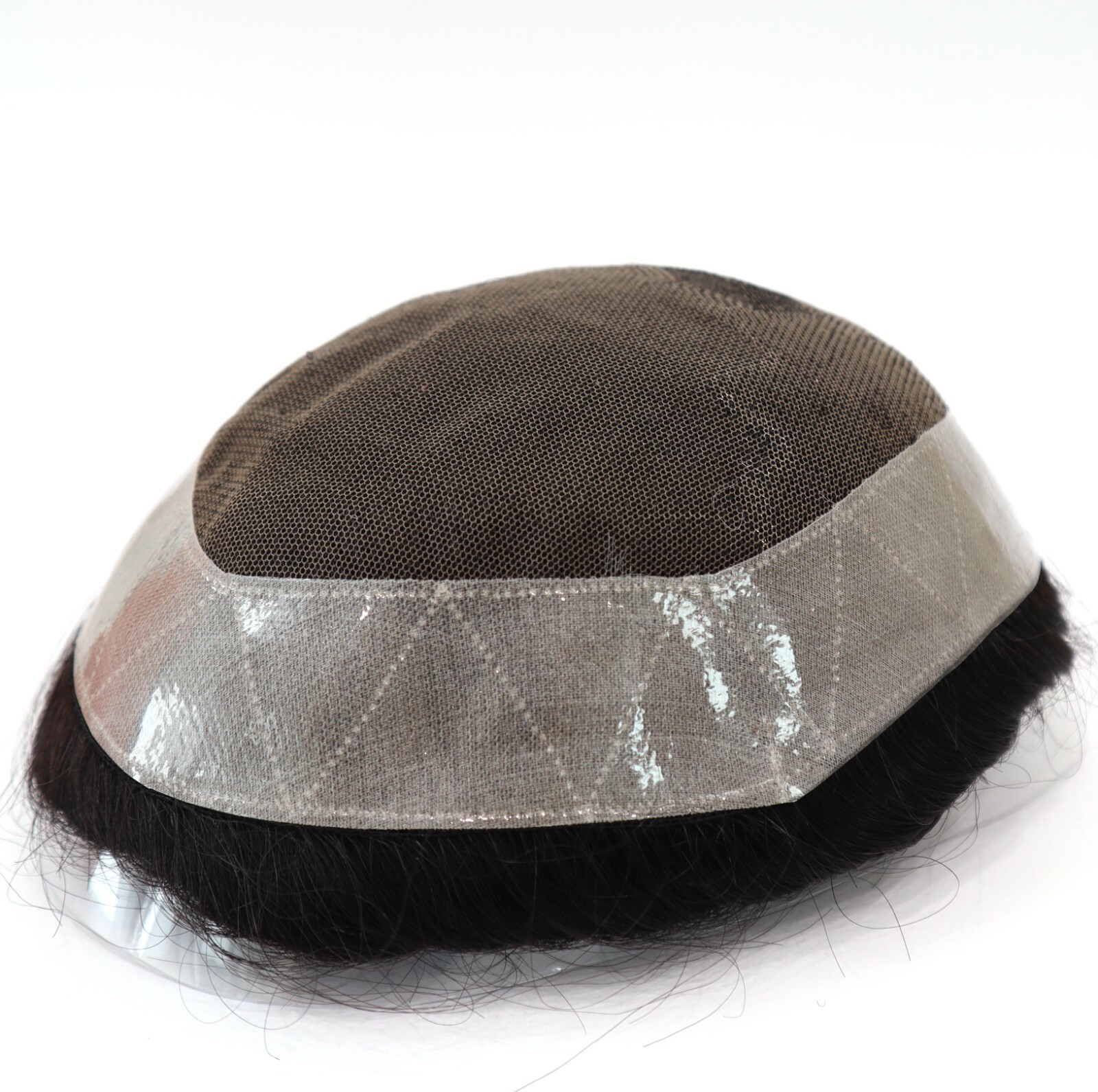 Mens Toupee Human Hair Replacement Poly Skin System Fine Mono Remy Hairpiece #1B
