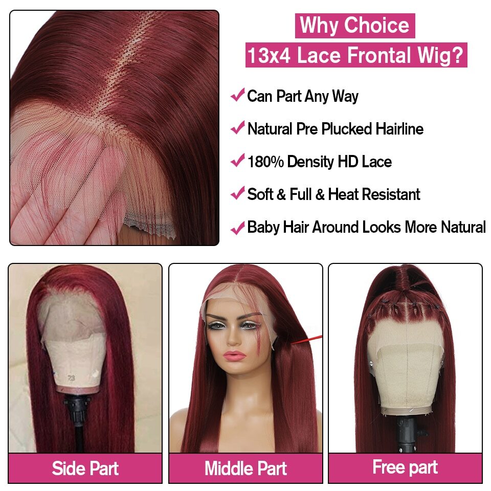 13x4Transparent LaceWigs Synthetic Straight Burgundy Wig Pre Pluck HeatResistant
