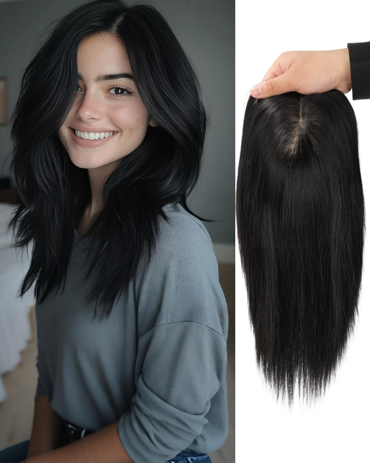 16in Human Hair Topper for Women 7.5×7.5in Injected Silk Base 130% Density #1B