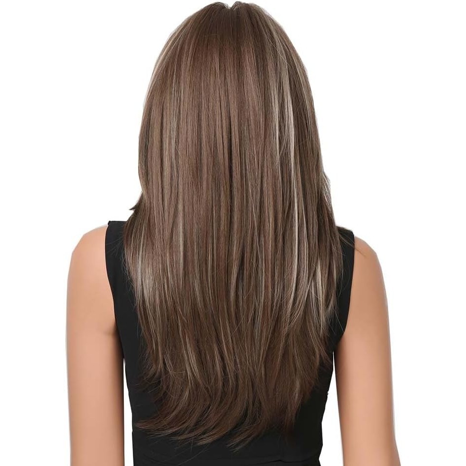 Women Long Straight Mixed Brown blonde Cosplay Wig With Fringe Synthetic Hair