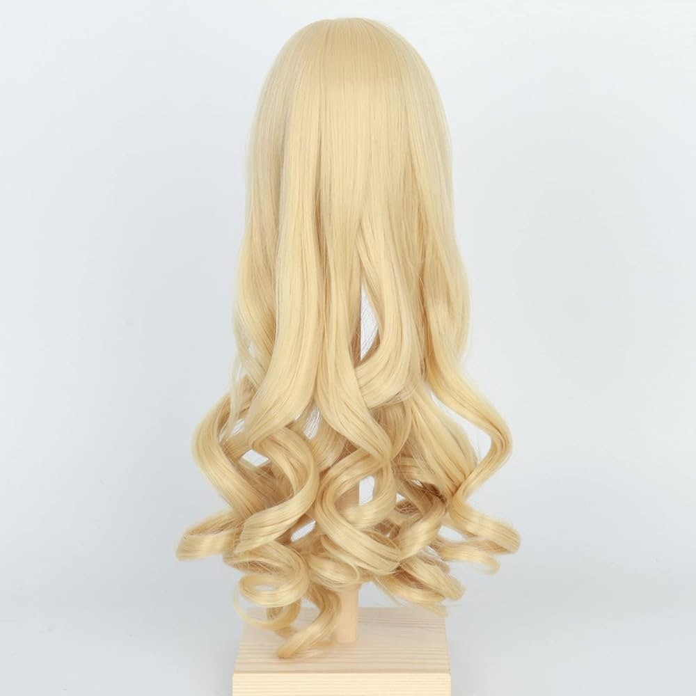 80cm long wavy curly light golden blonde fringe cosplay halloween wig heat