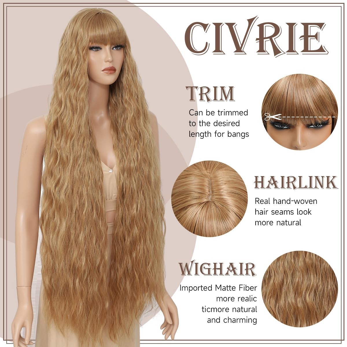 Long Wavy Wig with Bangs for Women,Wig Long Bangs Wig,Natural Looking Synthet…