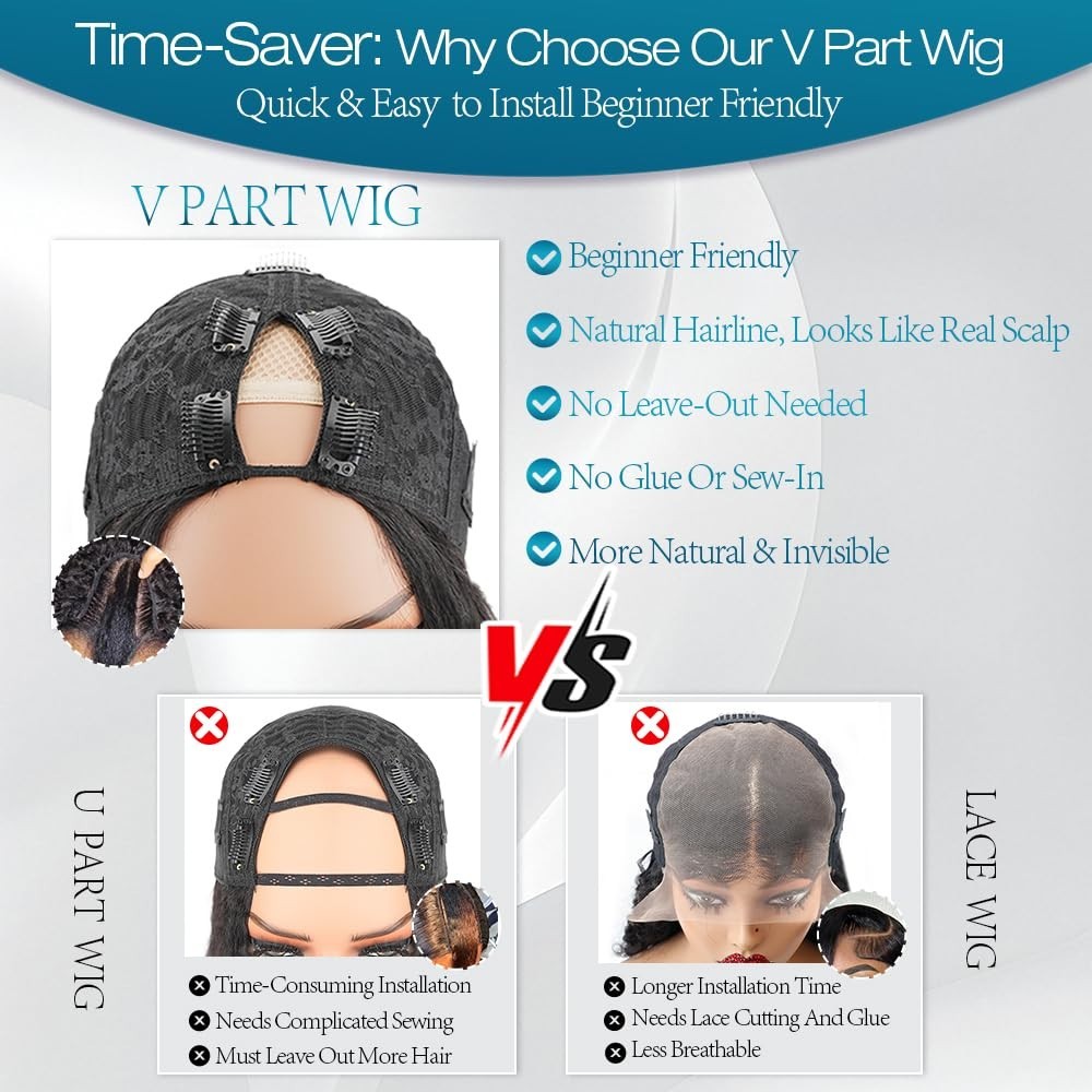 Mamushow V Part Wig Human Hair Burmese Curly V Shape Clip in Half Wig 16inch