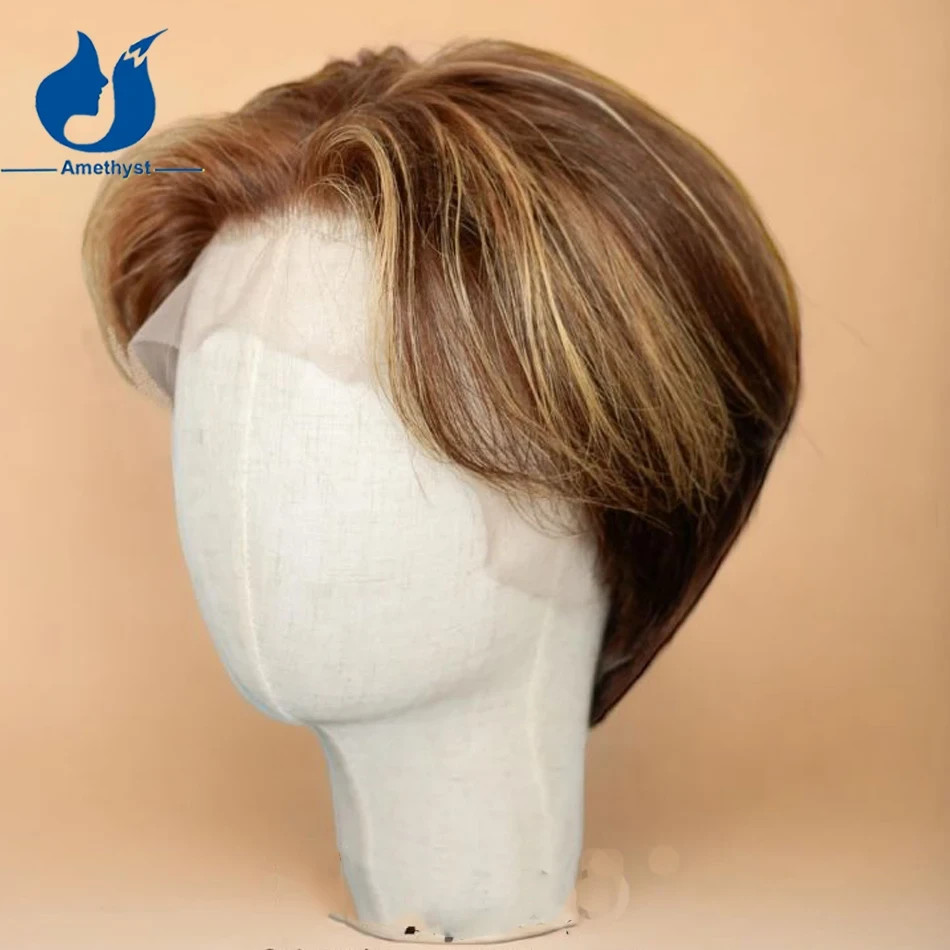13×6 Short Pixie Cut Lace Front Wig for Men Brazilian Remy Human Hair Highlight