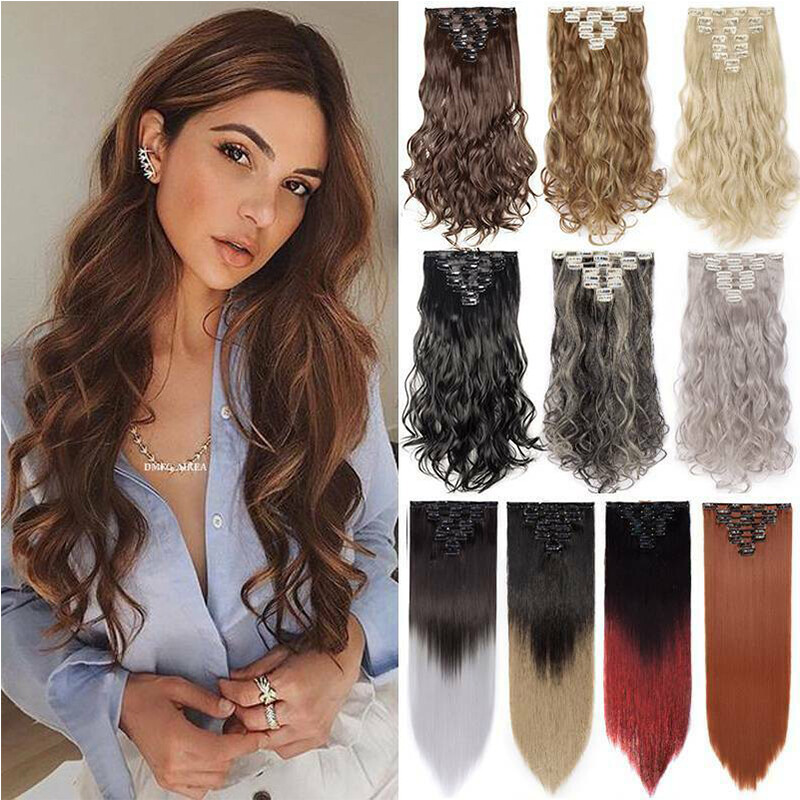 100% Real Natural Clip in Hair Extensions Full Head Thick 8Piece Long Wavy Ombre