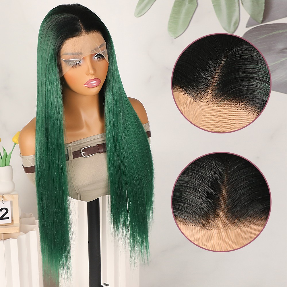 Heat Resistant Lace Front Wigs Glueless Long Silky Straight Hair Ombre Green Wig