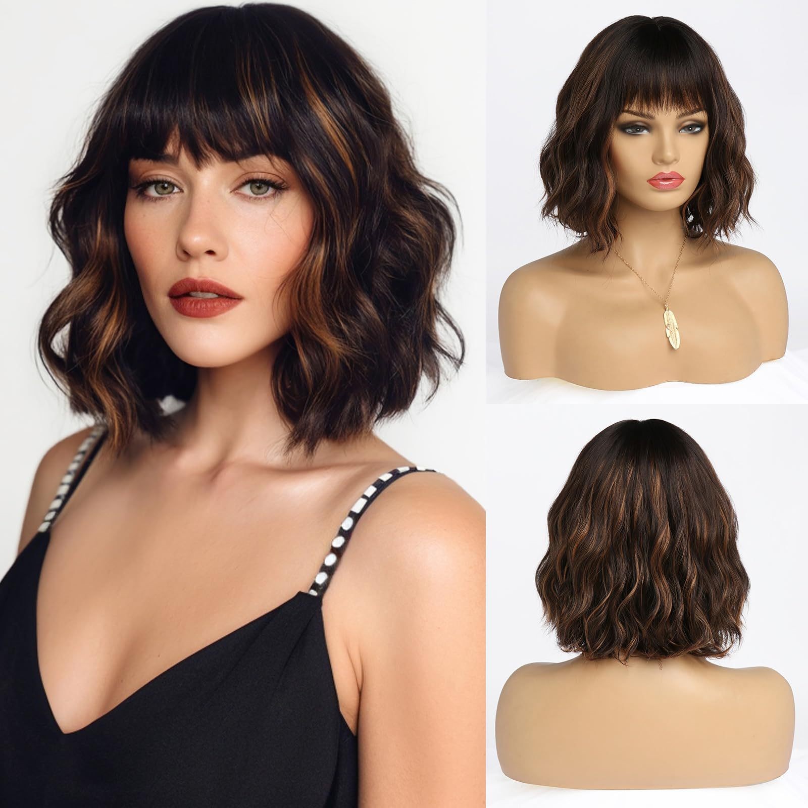 Mixed Color Water Wave Short Curly Wig with Bangs Heat Resistant Synthetic Full