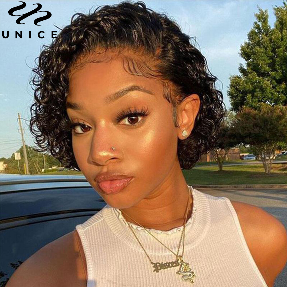 Cambodian Pixie Cut Wig HD Transparent Lace Frontal Bob Curly Human Hair Wigs 6″