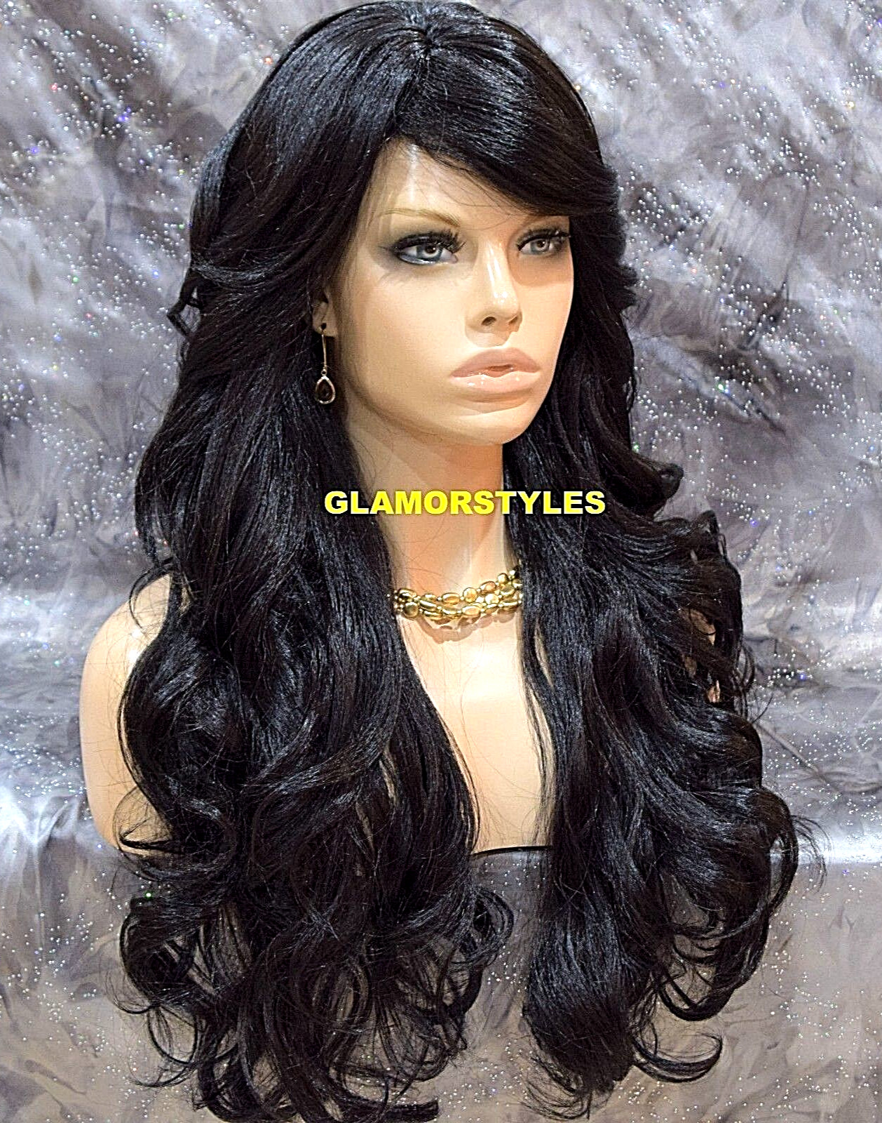 FULL WIG LONG WAVY LAYERED SIDE BANGS SKIN SIDE PART OFF BLACK #1B HEAT OK NWT