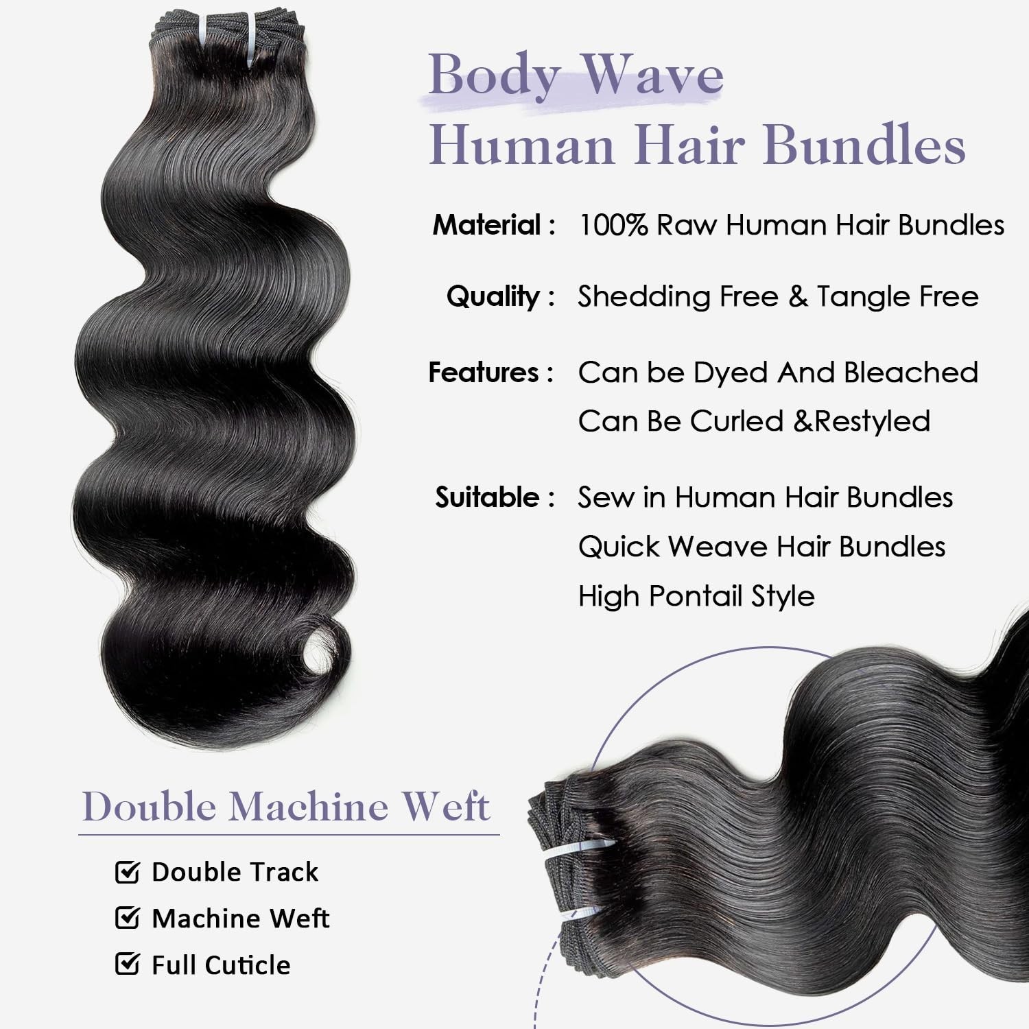 22-26 Inch Body Wave Human Hair Bundles – 100% Virgin, No Tangle, Long Lasting