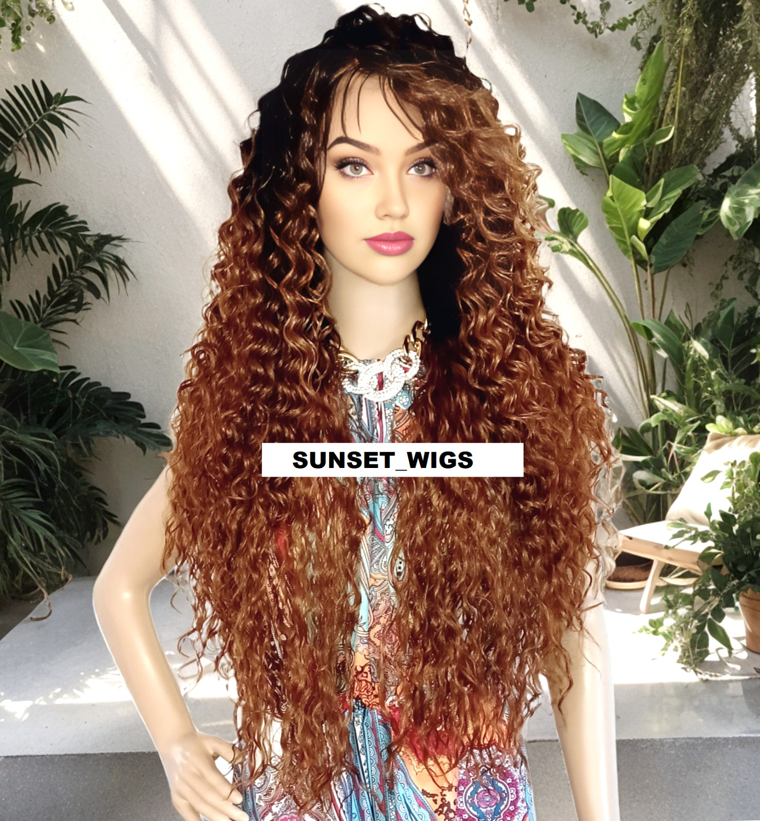38″ FREE PART LACE FRONT WIG LONG CURLY LAYERED OMBRE BROWN AUBURN MIX