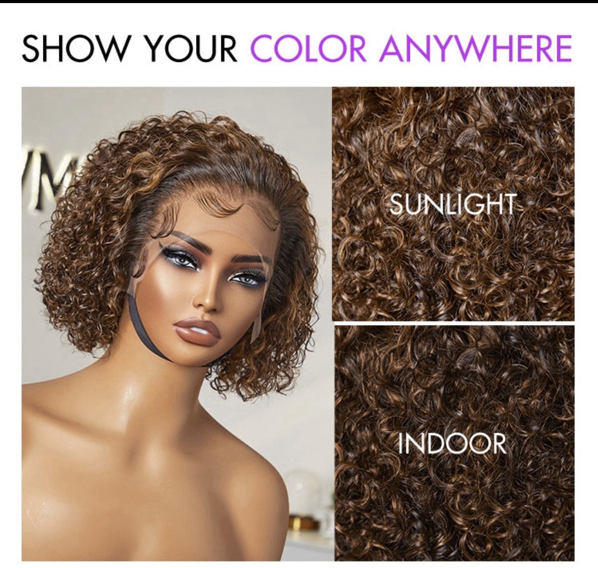 Luvme Short Curly Wig 8” Brown Highlight Human Hair Lace Front Pre-Cut Lace Bob