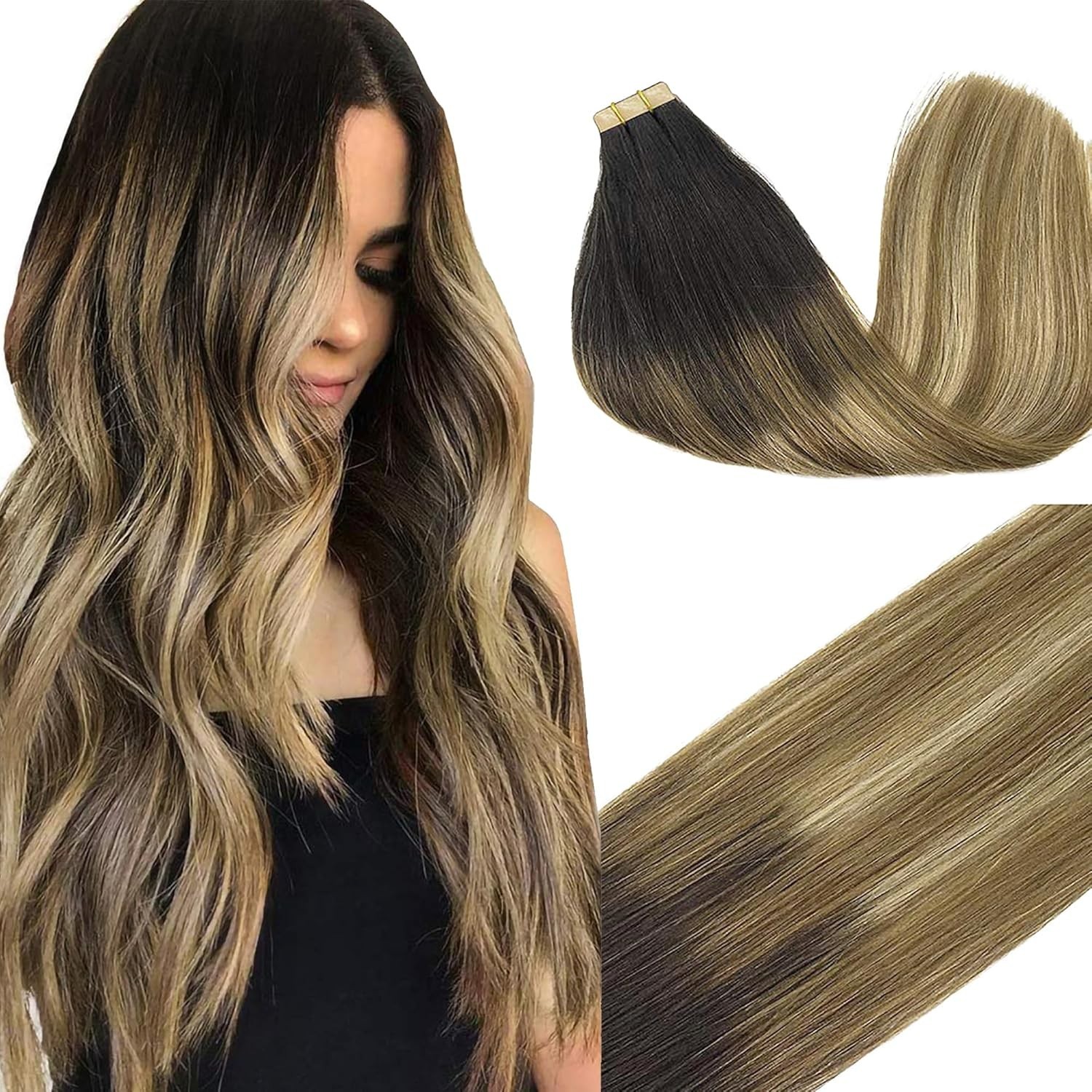 Human Hair Tape In Extensions 20in Balayage Brown to Blonde Thick Ends Full L…