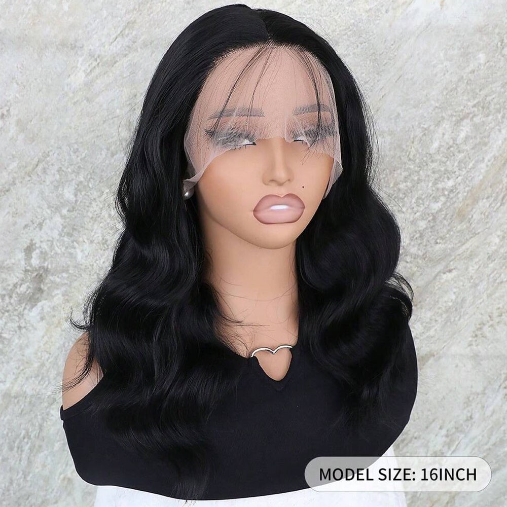 Short Body Wave Lace Front Wigs Soft as Human Hair Pre Plucked Natural Black Wig