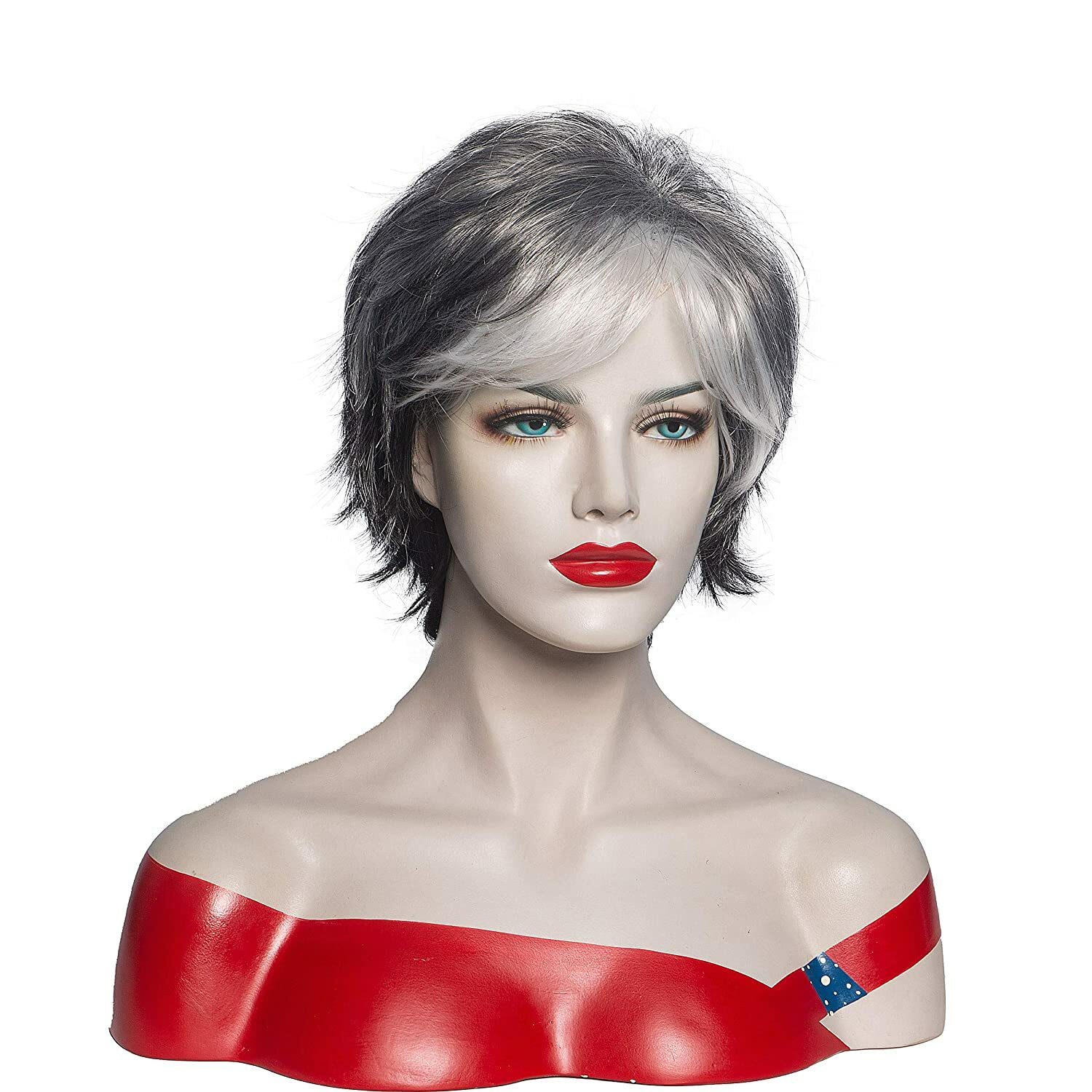 Women Short Gray White Hair With Black Mixed Wig with Bangs MoM Wig Synthetic US