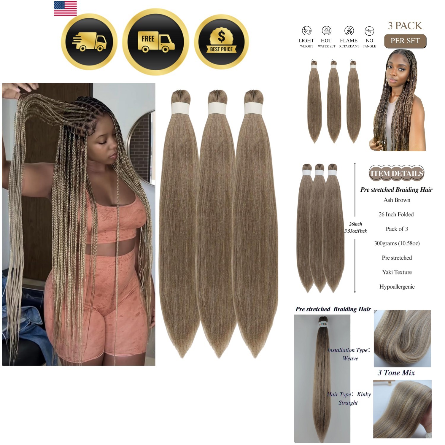 Brown Ash Braiding Hair Pre stretched Ez Braid Braiding Hair for Braids