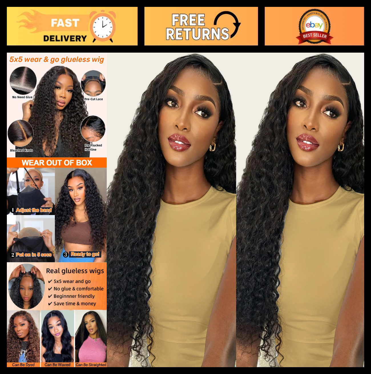 5×5 HD Lace Closure Glueless Human Hair Wig for Black Women – 24 Inch Curly Deep
