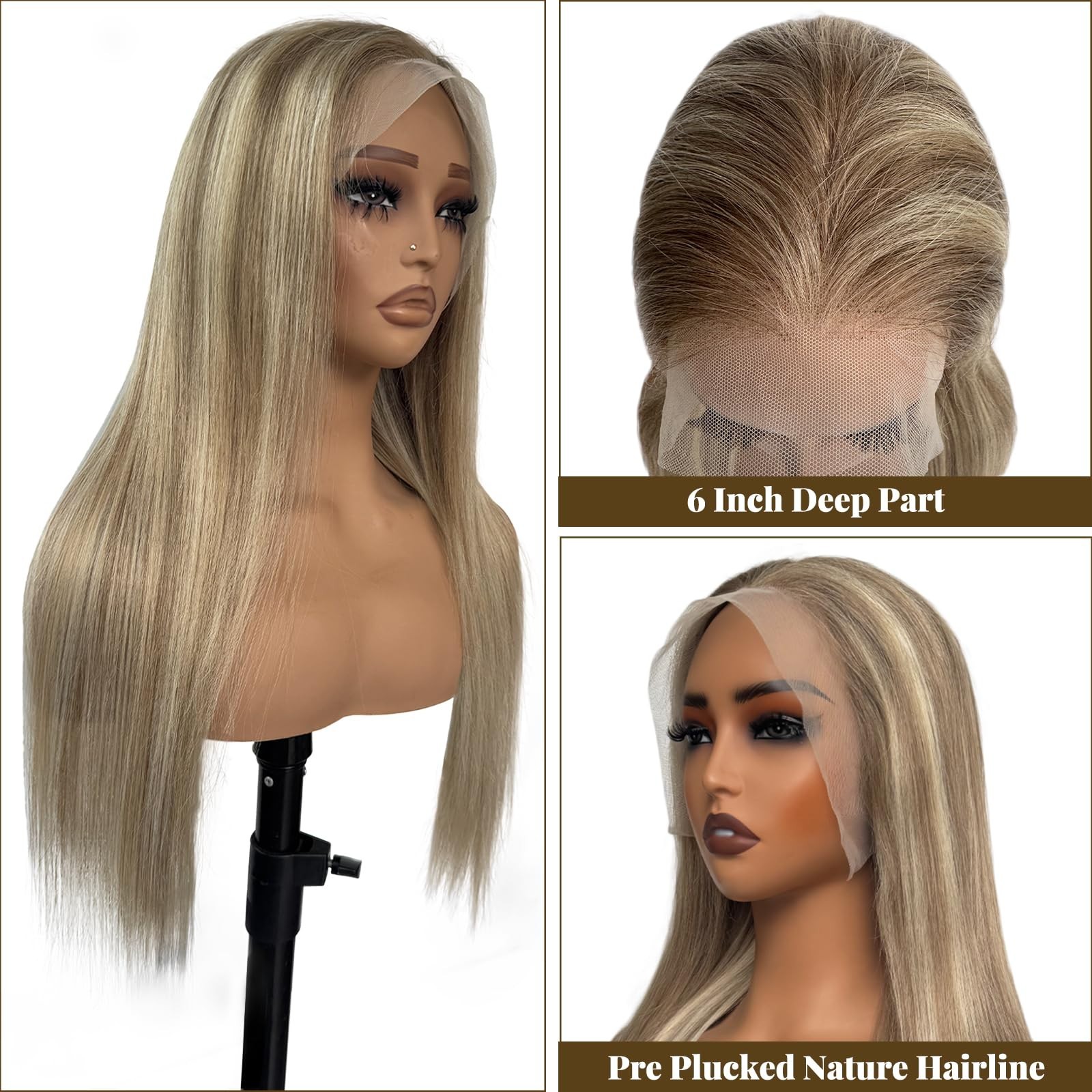 20″ Ombre Lace Front Wig Human Hair, Ash Brown to Blonde, Pre-Plucked, 180% Dens