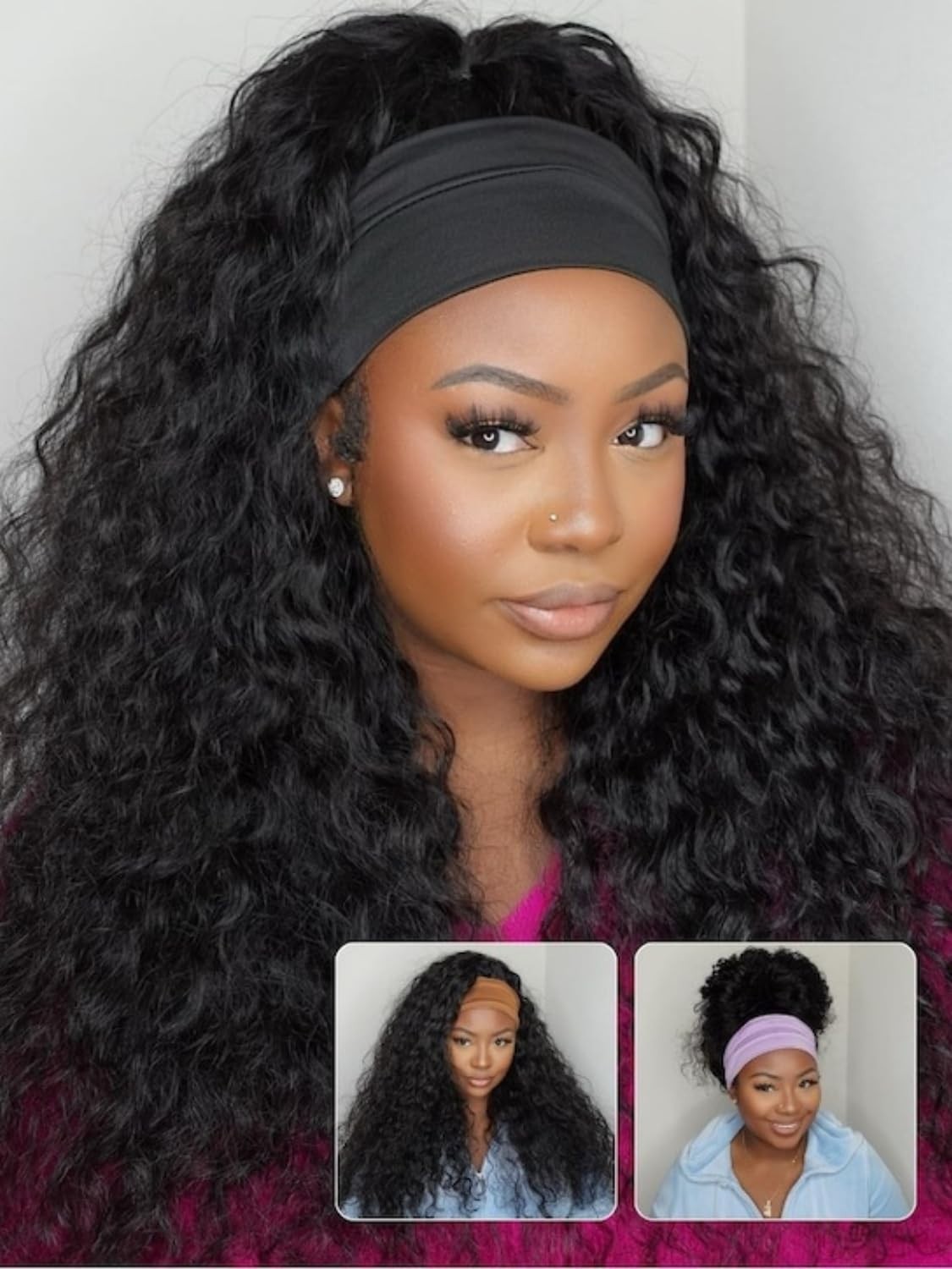 Water Wave Headband Wig – 24″ Human Hair, Glueless, Wet & Wavy, Clip-In Half Wig