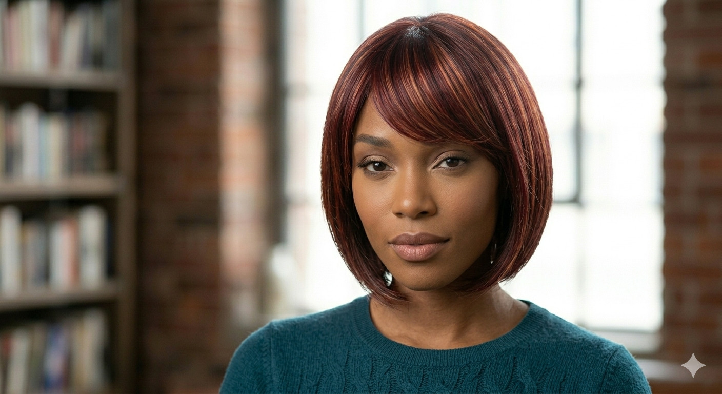 RENERSHOW Short Burgundy Highlight Bob Wig bangs red pixie women synthetic daily