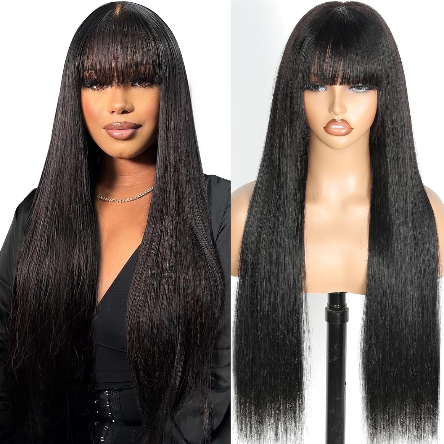 Human Hair Wig With Bangs For Women Straight Wig NO Lace Front Machine Made Wigs