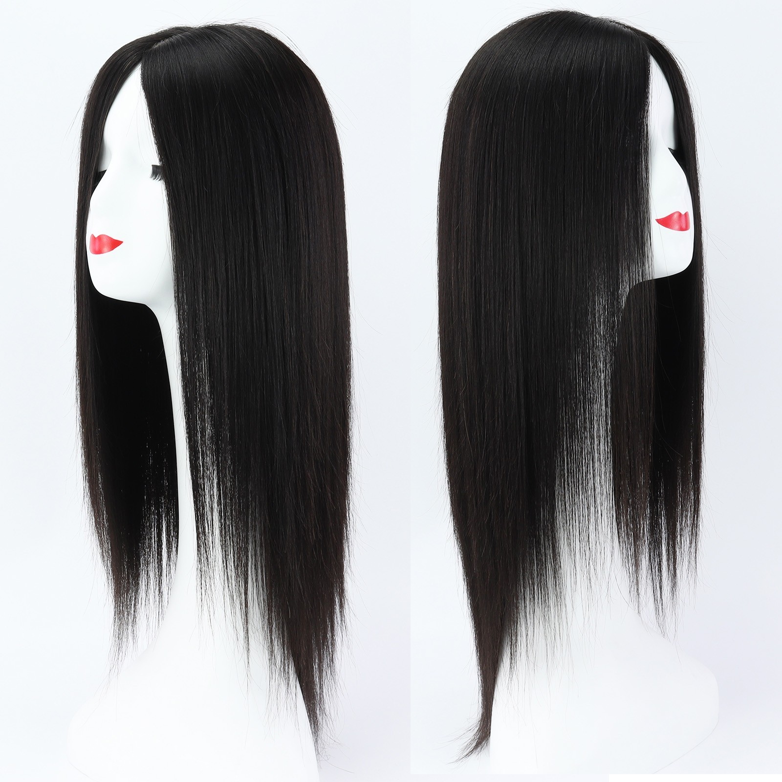 Black Silk Top Real Human Hair With PU Around Elastic Net Straight Medical Wig