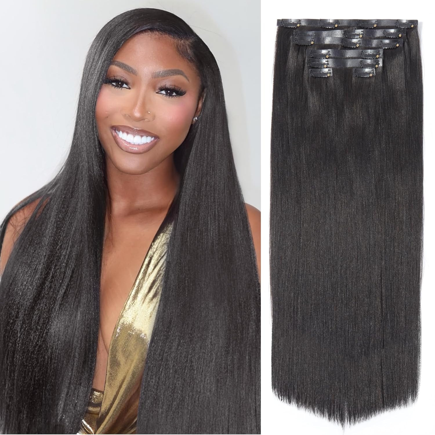 18″ Yaki Straight Clip-in Hair Extensions – 2 Pack, 16 Pieces, Natural Black