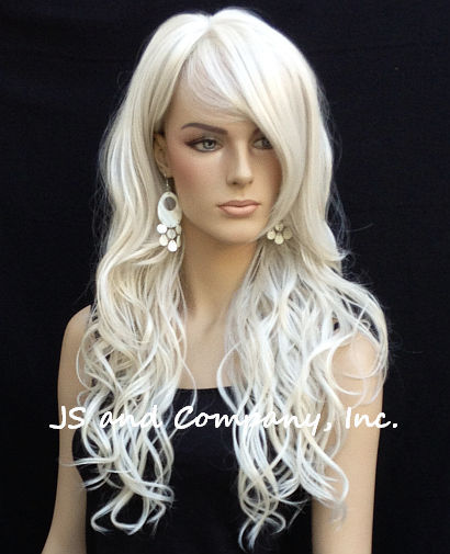 Long Loose wavy HEAT SAFE Human hair Blend WIG bangs White wnta 60