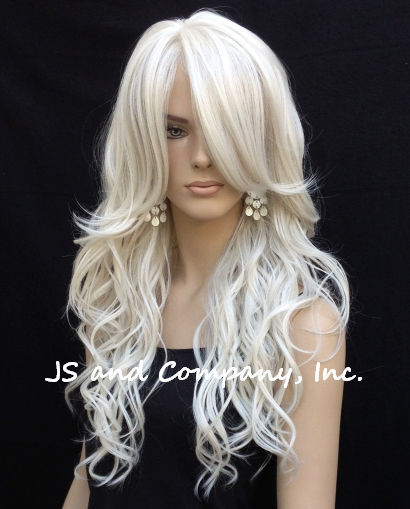 Long Loose wavy HEAT SAFE Human hair Blend WIG bangs White wnta 60